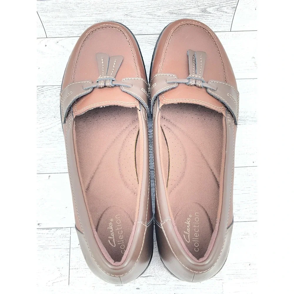 Clarks‎ Collection Brown Leather Tassel Bow Loafers Shoes Women Size 8.5 M